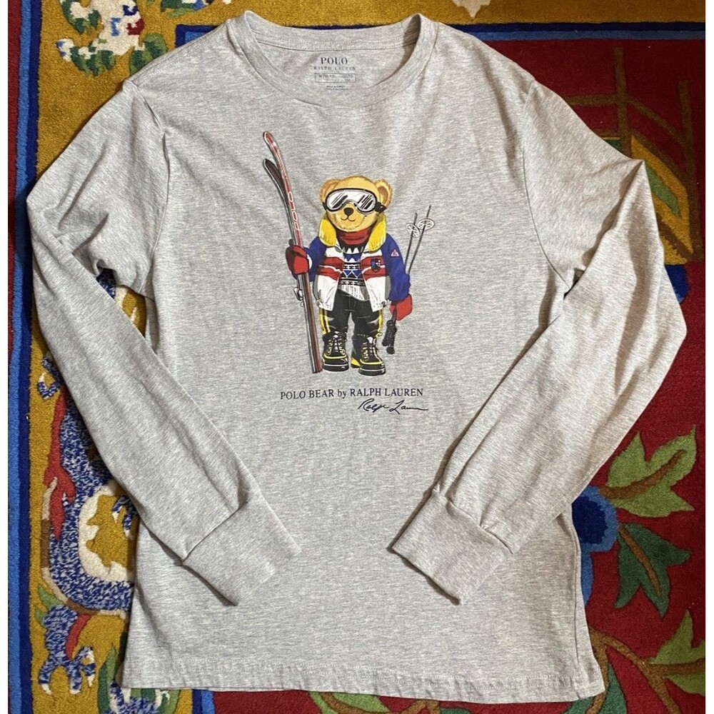 Polo Ralph Lauren Ski Bear Long Sleeve Shirt Gray Sz M Youth 10-12 Fits Adult S